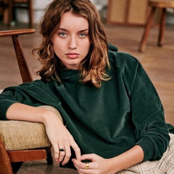 Sezane Mary Sweatshirt Sage Green Size Medium French Organic Cotton Velvet Boho - Picture 2 of 13